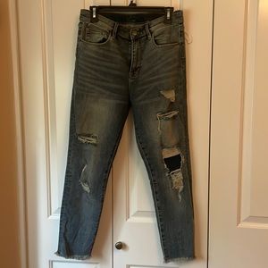 Distressed patchwork jeans